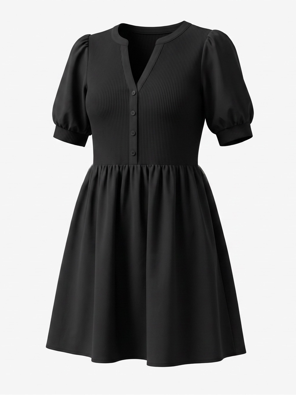 NWT LOFT Black Ribbed Mixed Media Henley Puff Sleeve Babydoll Dress | XXS Petite